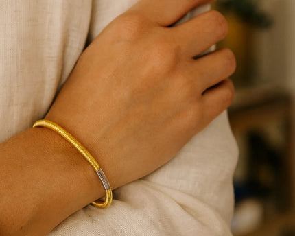 Sterling Silver Gold Plated Basketweave Stretch Bangle