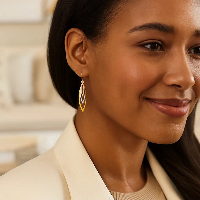 Tri-Tone Graduated Open Marquise Earrings in 10k Yellow,  White,  and Rose Gold