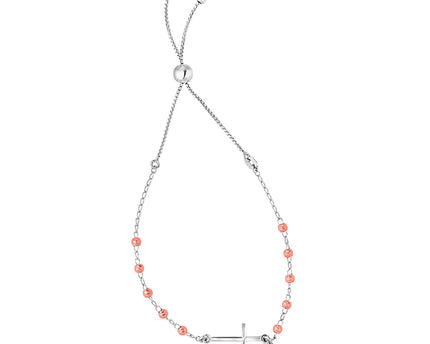 Sterling Silver White and Rose Finish Adjustable Bracelet with Cross (1.20 mm)