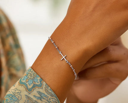 Sterling Silver White and Rose Finish Adjustable Bracelet with Cross (1.20 mm)