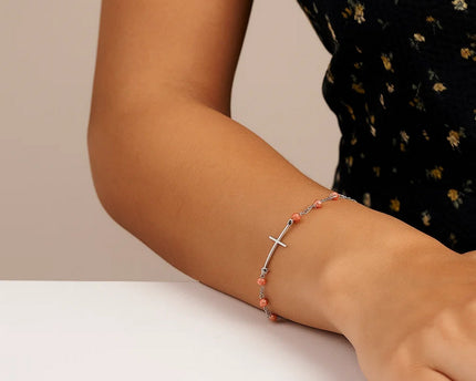 Sterling Silver White and Rose Finish Adjustable Bracelet with Cross (1.20 mm)
