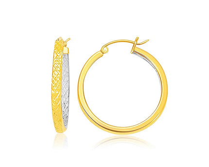 10K TwoTone Yellow and White Gold Petite Patterned Hoop Earrings(3x25mm)