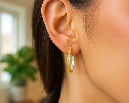10K TwoTone Yellow and White Gold Petite Patterned Hoop Earrings(3x25mm)
