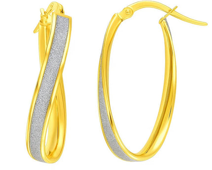 14k Two-Tone Gold Oval Hoop Twist Glittery Earrings