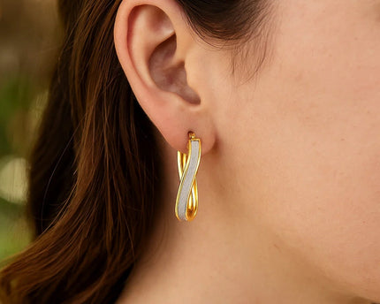 14k Two-Tone Gold Oval Hoop Twist Glittery Earrings