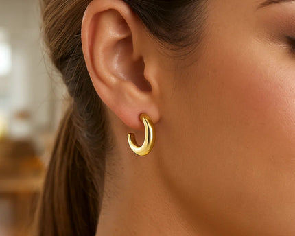 Puffy C Shaped Hoop Earrings in 14K Yellow Gold