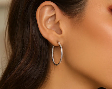 Sterling Silver Rhodium Plated Woven Style Polished Hoop Earrings(2x30mm)