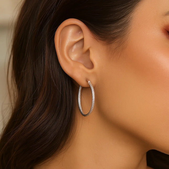 Sterling Silver Rhodium Plated Woven Style Polished Hoop Earrings(2x30mm)