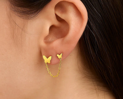 14k Yellow Gold Two Hole Post Earrings with Butterflies