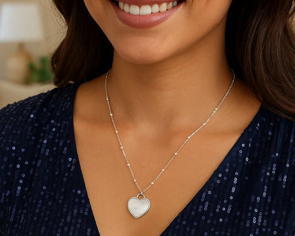 Sterling Silver Rhodium Plated and Mother of Pearl Heart Pendant Necklace