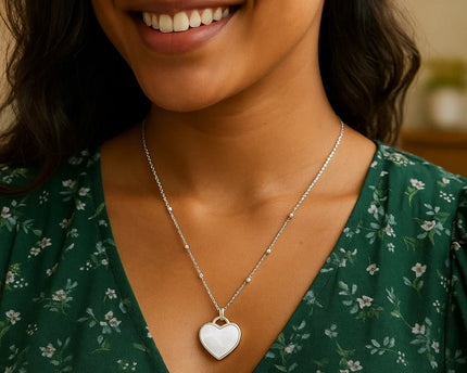 Sterling Silver Rhodium Plated and Mother of Pearl Heart Pendant Necklace