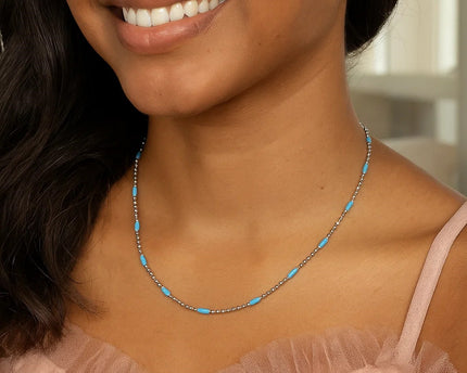 Sterling Silver Rhodium Plated Blue Enamel Beaded Necklace