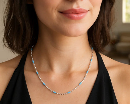 Sterling Silver Rhodium Plated Blue Enamel Beaded Necklace