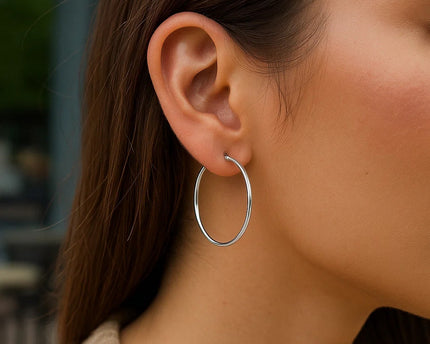 Sterling Silver Rhodium Plated Thin Large Polished Hoop Earrings (2x40mm)