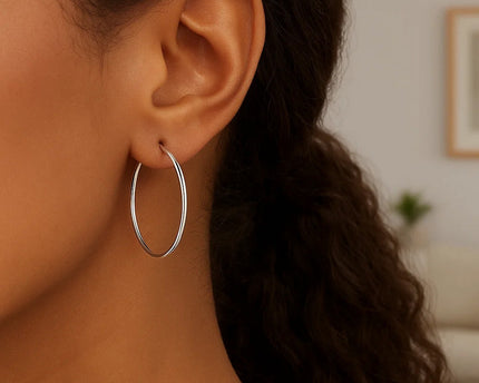Sterling Silver Rhodium Plated Thin Large Polished Hoop Earrings (2x40mm)