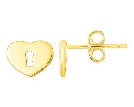 14k Yellow Gold Heart Padlock Stud Earrings