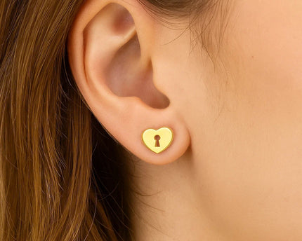 14k Yellow Gold Heart Padlock Stud Earrings