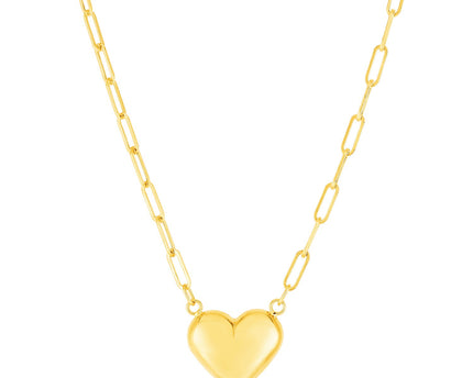 14k Yellow Gold Paperclip Chain Necklace with Puffed Heart
