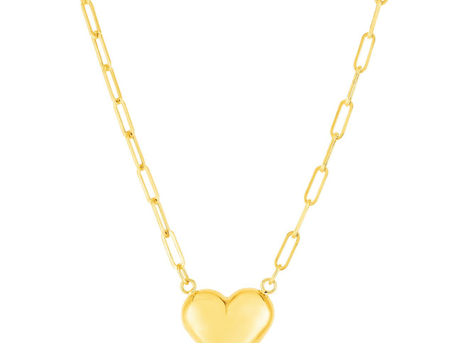 14k Yellow Gold Paperclip Chain Necklace with Puffed Heart