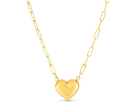 14k Yellow Gold Paperclip Chain Necklace with Puffed Heart