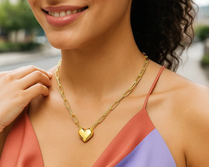 14k Yellow Gold Paperclip Chain Necklace with Puffed Heart