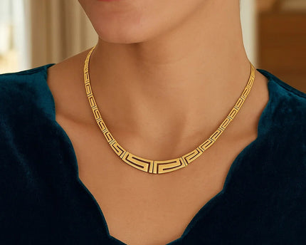 14K Yellow Gold Necklace with Graduated Greek Meander Motif Links