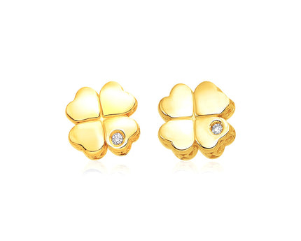 14k Yellow Gold Polished Four Leaf Clover Earrings with Diamonds(7mm)
