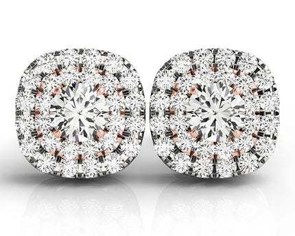 14k White and Rose Gold Cushion Shape Halo Diamond Earrings (3/4 cttw)