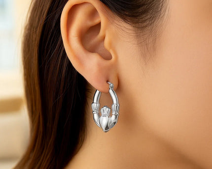 14K White Gold Claddagh Symbol Hoop Earrings