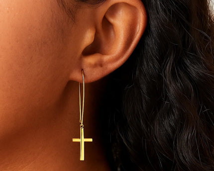 14k Yellow Gold Dangle Cross Earrings