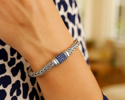 Sterling Silver Weave Motif Bracelet with Blue Sapphire Embellishments (7.00 mm)