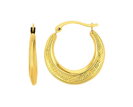 14K Yellow Gold Diamond Cut Etched Pattern Hoop Earrings