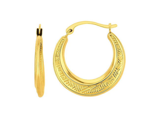 14K Yellow Gold Diamond Cut Etched Pattern Hoop Earrings