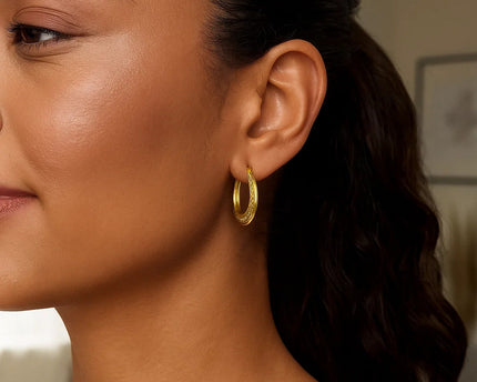 14K Yellow Gold Diamond Cut Etched Pattern Hoop Earrings