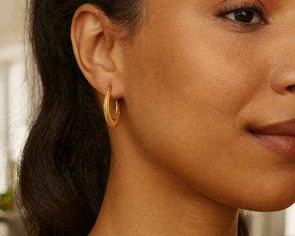 14K Yellow Gold Diamond Cut Etched Pattern Hoop Earrings