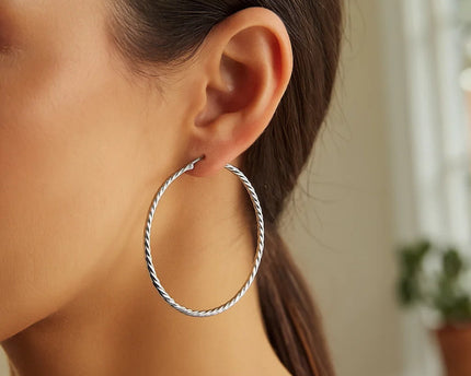 Hoop Earrings with Twist Texture in Sterling Silver(50mm)