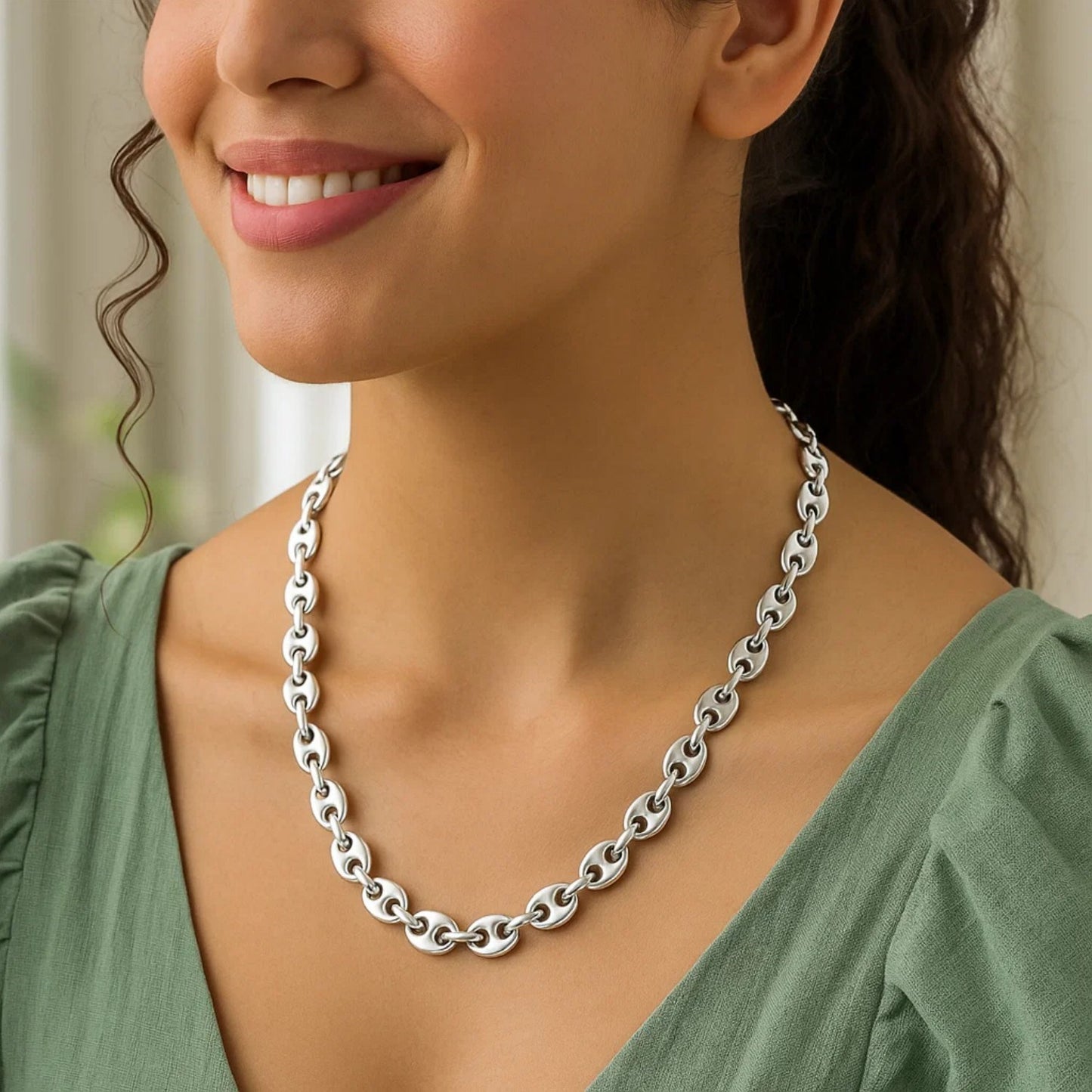 Sterling Silver Rhodium Plated Puffed Mariner Chain (9.20 mm)
