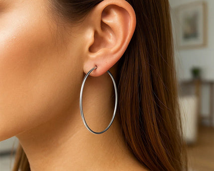 Sterling Silver Large Polished Round Hoop Earrings(60mm)