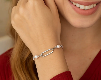 Sterling Silver Rhodium Plated Pearl Paperclip Bracelet