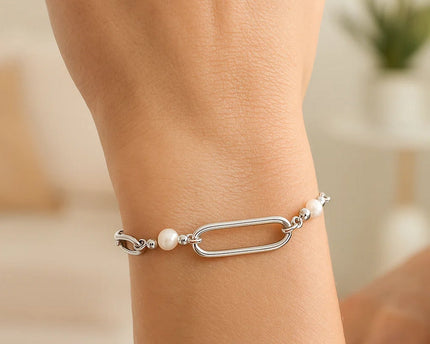 Sterling Silver Rhodium Plated Pearl Paperclip Bracelet