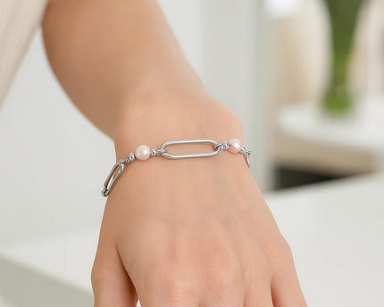 Sterling Silver Rhodium Plated Pearl Paperclip Bracelet