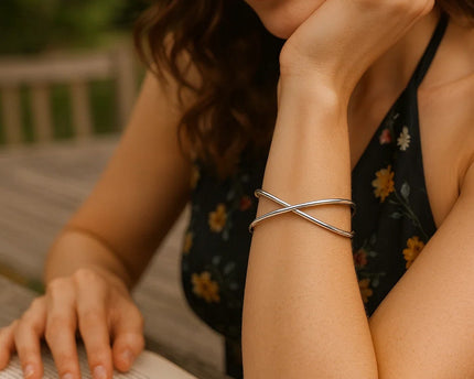 Sterling Silver Rhodium Plated Slip On Cross Over Bangle (11.10 mm)