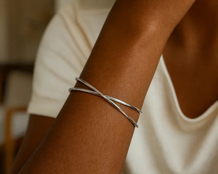 Sterling Silver Rhodium Plated Slip On Cross Over Bangle (11.10 mm)