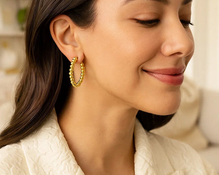14K Yellow Gold Polished Medium Bead Hoop Earrings