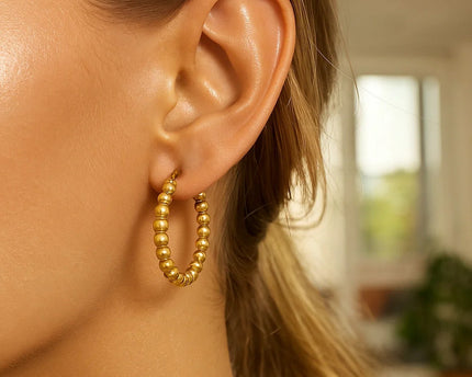 14K Yellow Gold Polished Medium Bead Hoop Earrings