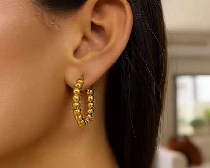 14K Yellow Gold Polished Medium Bead Hoop Earrings