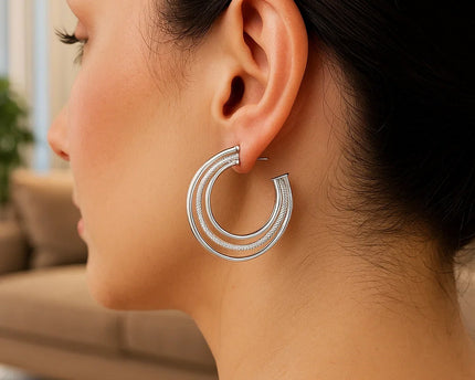 Sterling Silver Diamond Cut and Polished Three Row Hoop Earrings