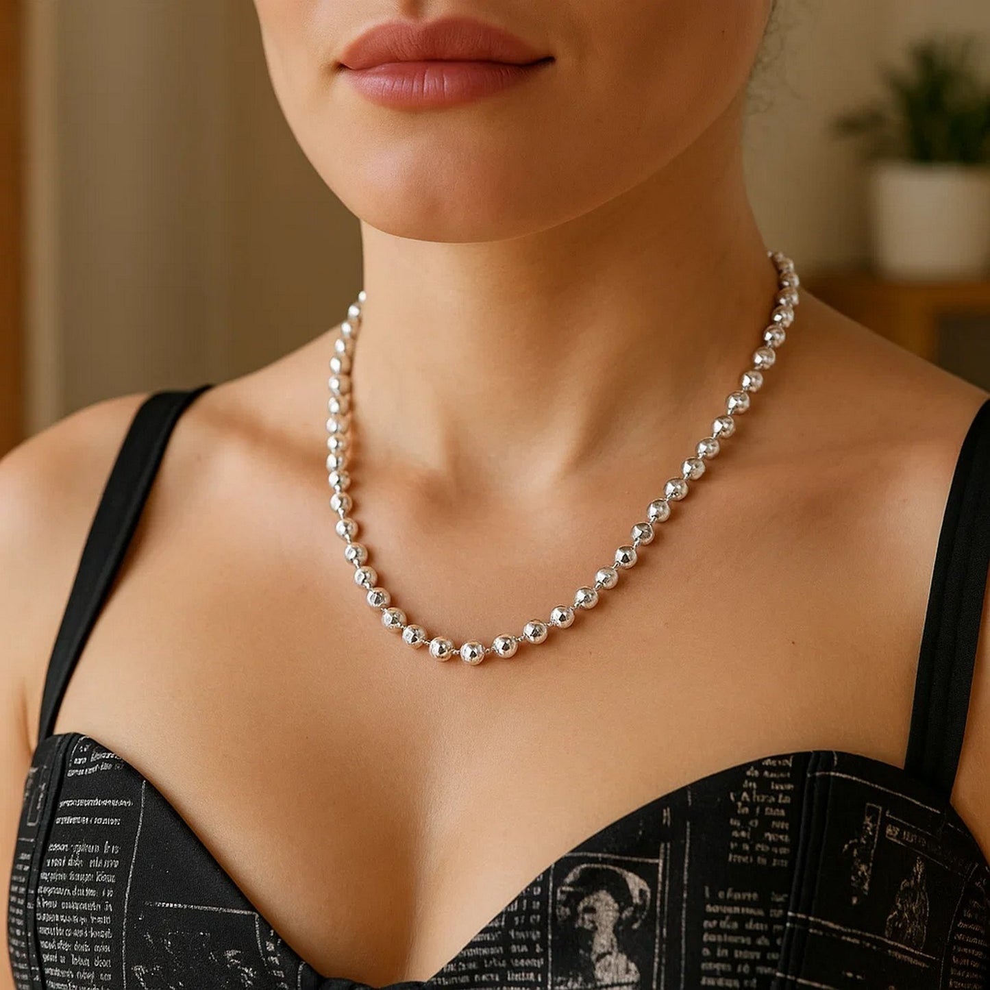 Sterling Silver Rhodium Plated Moon Cut Bead Chain (6.00 mm)