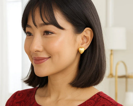 Sterling Silver Yellow Gold Plated Puffed Large Heart Stud Earrings