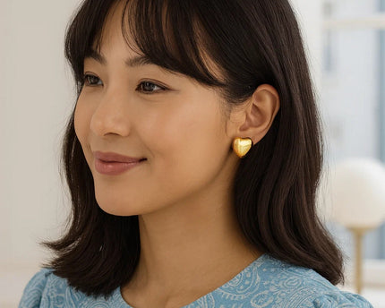 Sterling Silver Yellow Gold Plated Puffed Large Heart Stud Earrings